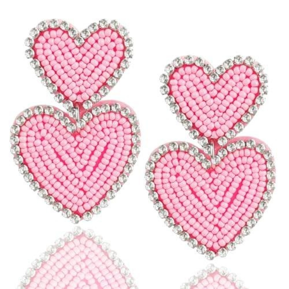 Pink Beaded Double Heart Drop Earrings Rhinestone Border Statement Jewelry